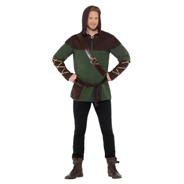 Robin Hood Adult Costume - Green & Brown, tunic, sash, waistblet and hooded capelet in brown.
