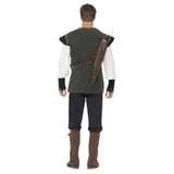 Rear view of men’s Robin Hood outfit showing tunic length, boot covers, and arrow holder placement.