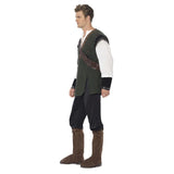 Side profile of Robin Hood costume highlighting cream sleeve detail, belt, and tunic shape.