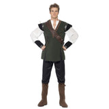 Robin Hood Men's Costume featuring a green tunic with brown detail, cream sleeves, black trousers, belt, arrow holder, and boot covers