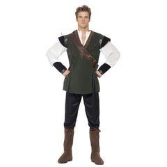 Robin Hood Men's Costume featuring a green tunic with brown detail, cream sleeves, black trousers, belt, arrow holder, and boot covers