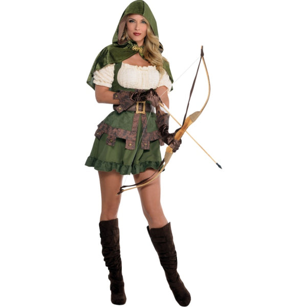 Robin Hoodie Women's Costume, corset style dress, capelet belt and gloves.