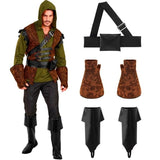 Adult medieval fantasy costume featuring hooded shirt with vest, belt with pouch, gloves and boot tops