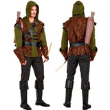 Robin style medieval fantasy costume for adults with hooded vest, sash belt and boot covers