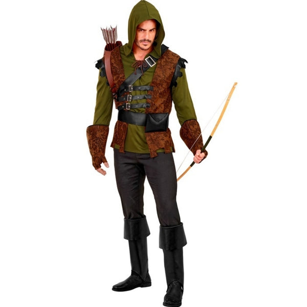 Robin of Sherwood adult costume with hooded shirt, vest, belt sash and medieval accessories