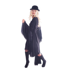 Rock and Roll Queen - Hire, bohemium style black dress longer at the back, lacing at the back for a good fit. Hire includes, dress,  wig and hat.