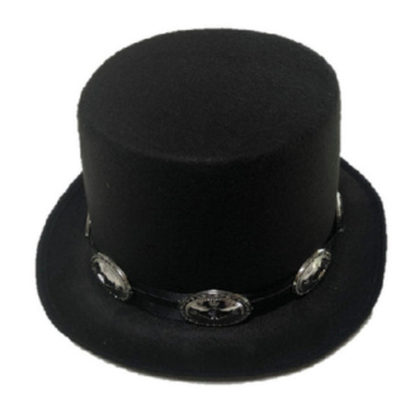 Black rock guitarist style top hat with silver buckle band