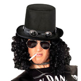Rock star top hat worn over the top of curly wig