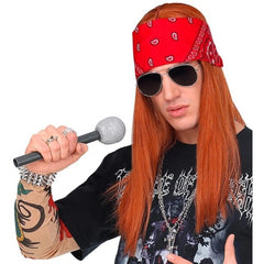 Rock star wig with long straight hair, bandana and sunglasses for 80s costume