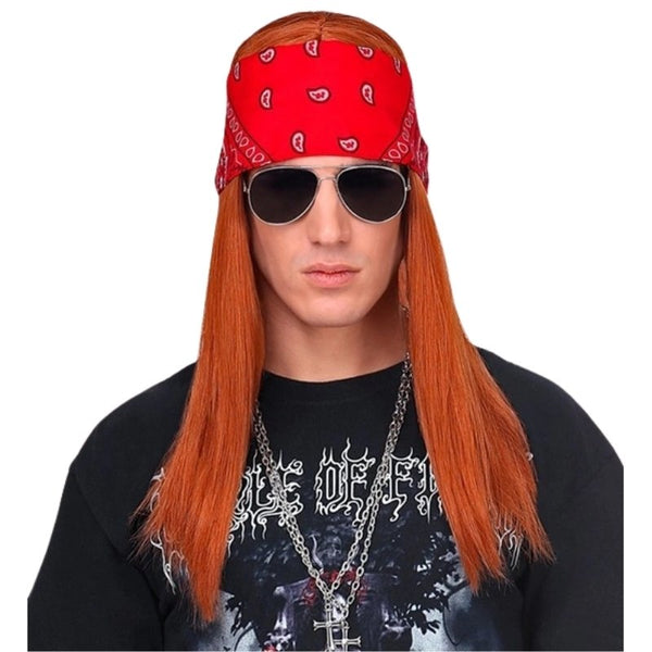 Rock star wig with long straight hair, bandana and sunglasses for 80s costume