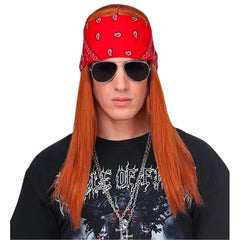 Rock star wig with long straight hair, bandana and sunglasses for 80s costume
