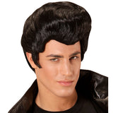 Black rockabilly wig with high pompadour hairstyle for 1950s and greaser costumes