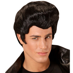 Black rockabilly wig with high pompadour hairstyle for 1950s and greaser costumes