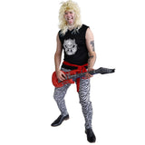 Adult rockstar costume with zebra pants, red belt, and patterned tank top