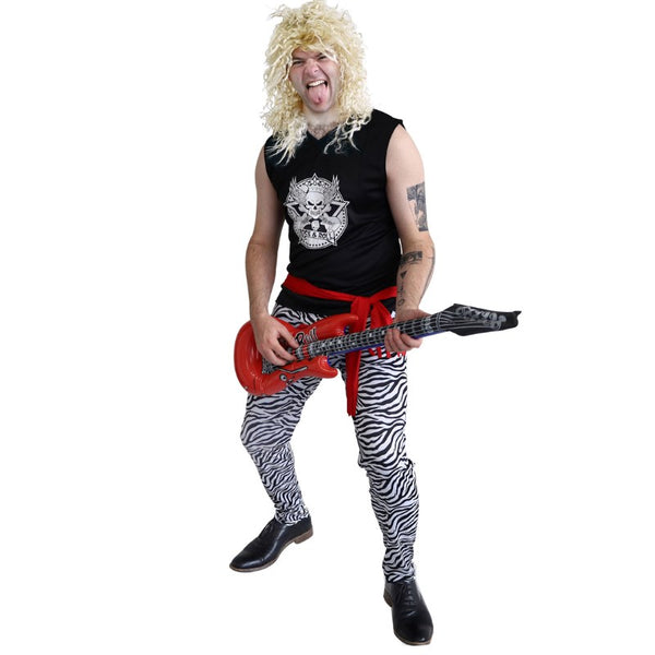 Adult rockstar costume with zebra pants, red belt, and patterned tank top