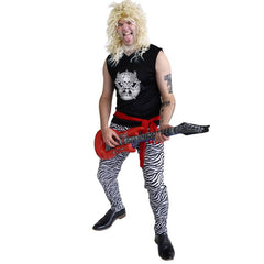 Adult rockstar costume with zebra pants, red belt, and patterned tank top