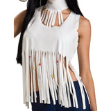 Rockstar Gal Costume - Adult, white fringed top, blue flares with white flare emblellished with daisies, plus fabric choker with fringing.