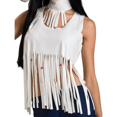 Rockstar Gal Costume - Adult, white fringed top, blue flares with white flare emblellished with daisies.