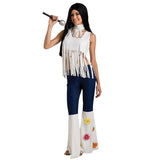 Rockstar Gal Costume - Adult, white fringed top, blue flares with white flare emblellished with daisies.