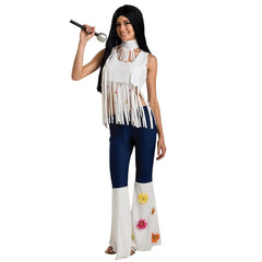 Rockstar Gal Costume - Adult, white fringed top, blue flares with white flare emblellished with daisies.