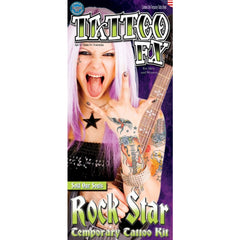 Rockstar tattoo kit by Tinsley Transfers. Temporary tattoo sheet with guitar and microphone designs.
