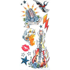 Rockstar tattoo kit by Tinsley Transfers. Temporary tattoo sheet with guitar and microphone designs.