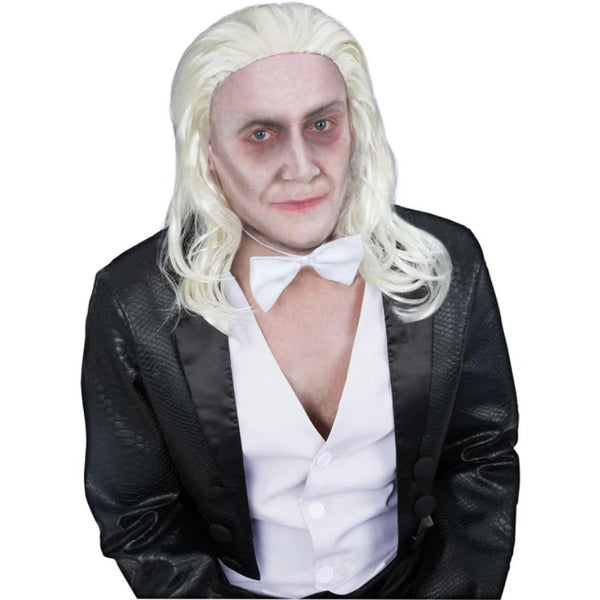Licensed Rocky Horror Riff Raff Wig, shoulder-length blonde wig slicked back for an authentic look