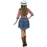 Back view of Rodeo Doll Ladies Costume featuring a red checkered blouse with elbow-length sleeves, a blue yoke at the back, and a blue denim-style skirt, paired with a white cowgirl hat.