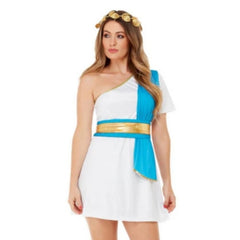 Roman Beauty Toga Costume - Female, short white toga with blue sash and belt with gold trim.
