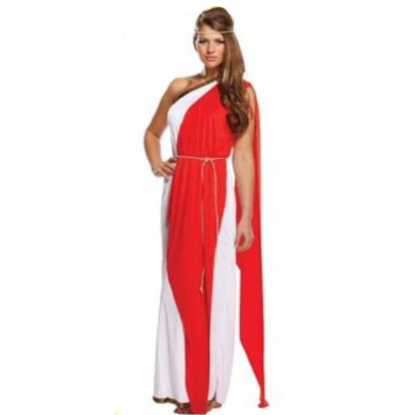 Roman lady toga costume, long white robe, ankle length with red sash and belt.