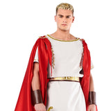 Person wearing a Roman emperor costume with a red cape and white toga on a white background