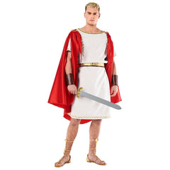 Adult Roman senator costume with white toga robe, burgundy cape and gold laurel headpiece