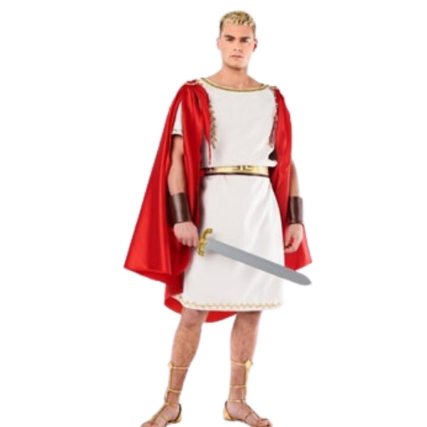Adult wearing a Roman Senator costume with white robe, red cape, gold belt, laurel headpiece, and armlets