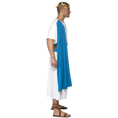 Roman Senator Costume, white robe with blue drape and blue and gold sash and gold leaf laurel.