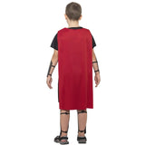 Roman soldier costume for boys with detachable red cape, knee length.