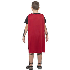 Boys Roman soldier costume with tunic, cape, cuffs, and shin guards