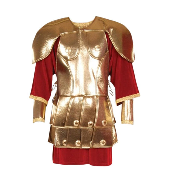 Roman Soldier Gladiator costume hire Brisbane front view with silver armour, red velvet tunic, helmet, arm cuffs and leg guards