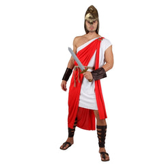 Adult Roman warrior costume with helmet, tunic and armour-style detailing
