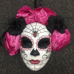 Rosa Day of the Dead Flower Face Mask, full mask decorated in DOD vibe and embellished with beautiful pink and black flowers, ties at the back.