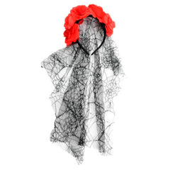 Rose veil headband with red roses and black veil – perfect for Day of the Dead, Halloween, or Mexican-themed costumes