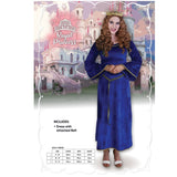 Royal blue medieval costume which sits above the ankle, velveteen with gold trim and attached belt.