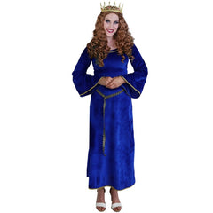 Royal blue medieval princess dress with gold trim and lace-up back