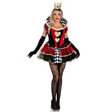Person wearing a Queen of Hearts costume with a crown on a white background