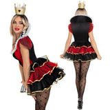 Queen of Hearts costume with red and black dress and crown on a white background