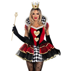 Person wearing a Queen of Hearts costume with a crown, staff, and checkered outfit.