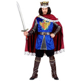 Man wearing Royal King Costume with blue royal coat, red cape and crown
