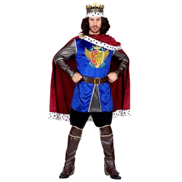 Men's Royal King Costume with blue coat, red cape and crown – front view
