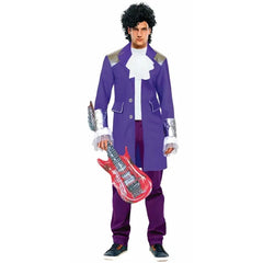 Prince-inspired costume for men – purple jacket, frill shirt, pants and guitar