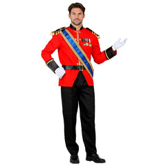 Adult royal prince costume with red jacket, sash, pants, belt and gloves