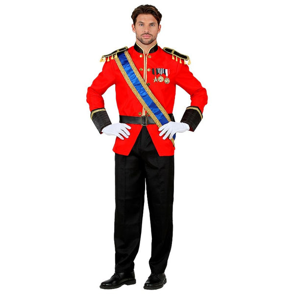 Adult royal prince costume with red jacket, sash, pants, belt and gloves